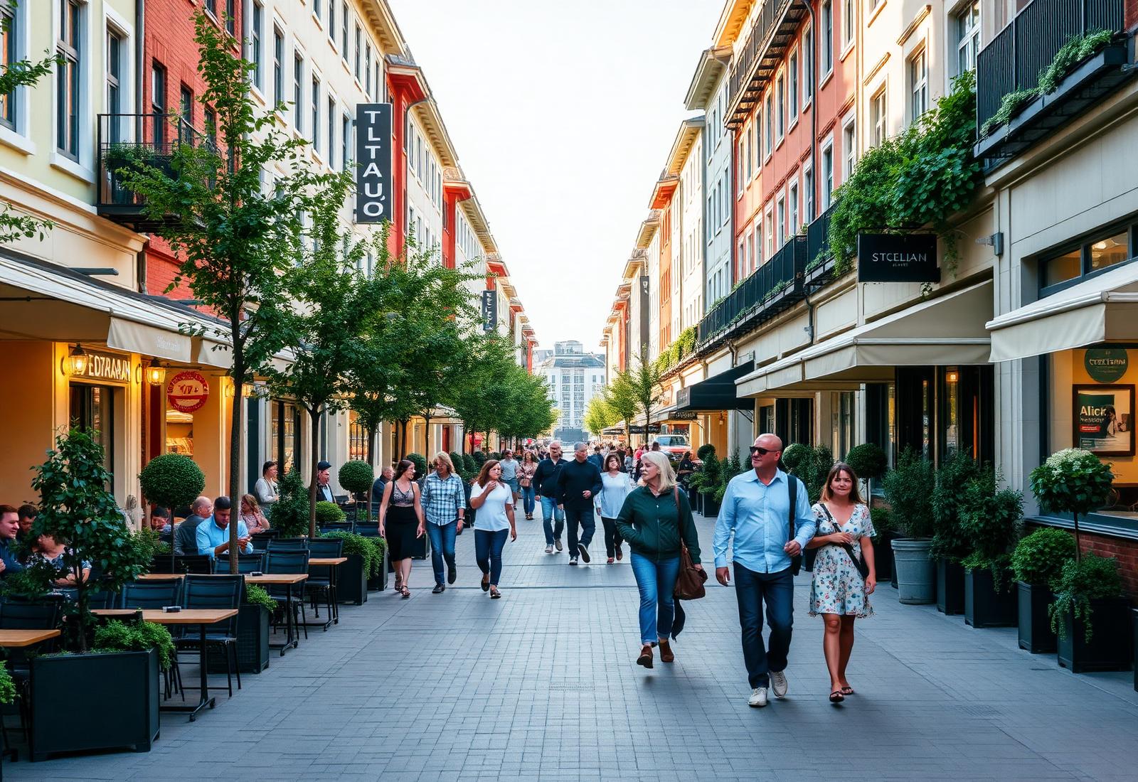 En gågata full av liv med uteserveringar och grönska